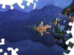 Hallstatt, Austria, Church, illuminated, Night, Hallstattersee Lake, Mountains, clouds, Houses