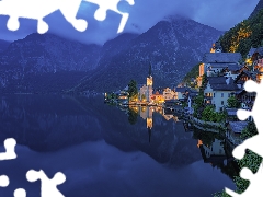 Hallstatt, Austria, Church, illuminated, Night, Hallstattersee Lake, Mountains, clouds, Houses