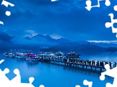 Harbour, Boats, Fog, Platform, Mountains