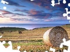 Field, sheaves, hay, clouds