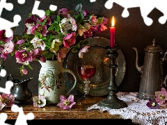 jug, Flowers, glass, Helleborus, composition, candle, napkin