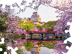 Flourished, Spring, trees, branch pics, canal, Japan, Himeji, White Heron Castle, Himeji Castle, bridge, viewes