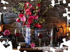 Hollyhocks, Lamp, napkin, jug, glasses, Bouquet of Flowers, composition, Books