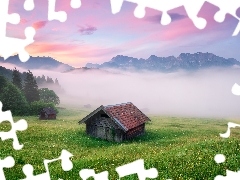 Mountains, Fog, Home, woods