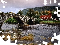 River, clouds, Home, bridge