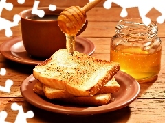 honey, coffee, toast
