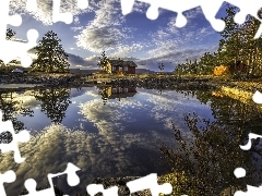 lake, house, reflection, clouds, viewes, Norway, Ringerike, trees