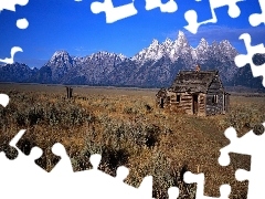 Mountains, Old car, house, rushes