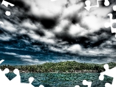 Houses, beach, sea, Coast, clouds