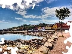 Houses, clouds, stony, Coast, sea