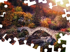 viewes, forest, Mountains, Lavertezzo, Fog, Houses, Verzasca Valley, autumn, Verzasca River, Switzerland, trees, rocks, Ponte dei Salti Bridge