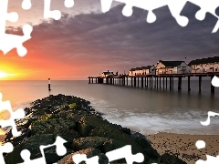 sea, west, Houses, pier, Beaches, sun