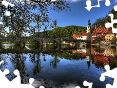 River, Church, Houses, bridge