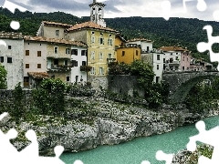 Houses, River, Slovenia, bridge, Triglav