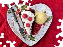 raspberries, cake, ice, plate, knob, cream