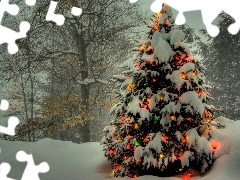 illuminated, christmas tree, viewes, snow, trees