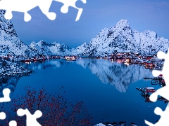 snow, winter, Norwegian Sea, Mountains, Moskenesoya Island, Norway, Reine, Lofoten, Houses