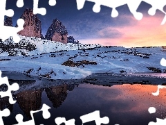 Three Peaks, Mountains, Sunrise, Dolomites, winter, Italy, lake