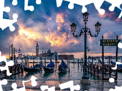 Lighthouse, Strait Grand Canal, Harbour, Gondolas, Venice, Italy, Basilica of San Giorgio Maggiore, clouds, Boats