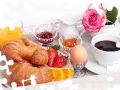 Jam, breakfast, egg, coffee, croissants