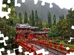 Mountains, temple, Japan, bridge