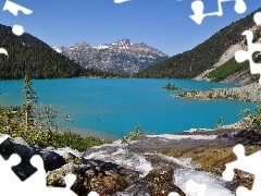 Mountains, lake, Joffre, Canada, woods, rocks