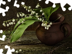 jug, lilies, Table, earthen, wooden