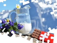 Mountains, chocolate, jug, Flowers