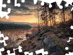 Lake Ladoga, Great Sunsets, rocks, trees, Karelia, Russia, clouds, rushes, viewes