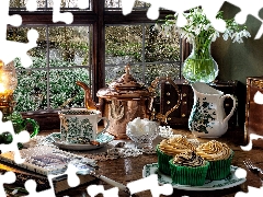 kettle, Window, Flowers, cup, snowdrops, composition, Lamp, Books, Muffins, jug