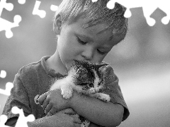 Black and white, boy, kitten