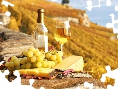 knife, Wine, cheese, Yellow, Grapes