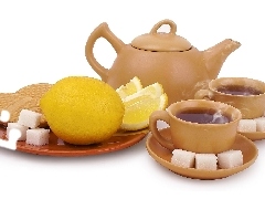 Lemon, jug, knuckle, sugar, tea, cups