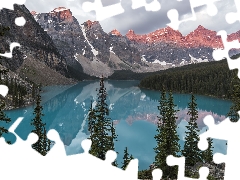 Province of Alberta, Lake Moraine, Mountains, trees, Spruces, Canada, Banff National Park, viewes