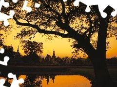 Cambodia, trees, lake, structures