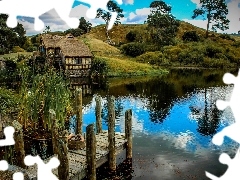 Old car, Platform, lake, Windmill