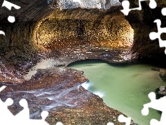 cave, rocky, lake, tunnel