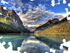 lake, Mountains, clouds