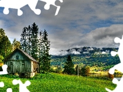 Fog, lake, HDR, grass, viewes, Mountains, Home, trees