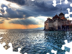 ligh, Chillon, Geneva, flash, clouds, Castle, lake, luminosity, sun, Przebijające