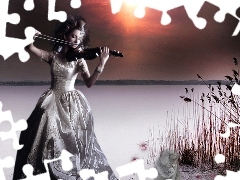 graphics, violin, lake, Women