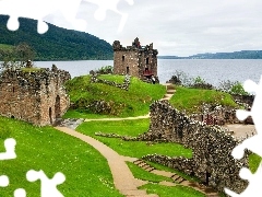 lake, Lochness, ruins, by, Scotland