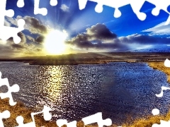 lake, medows, dark, clouds, dawn