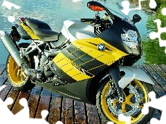 Yellow, BMW, lake, motor-bike