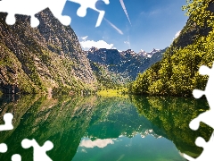 trees, viewes, Germany, reflection, Bavaria, Obersee Lake, Mountains, Berchtesgaden National Park