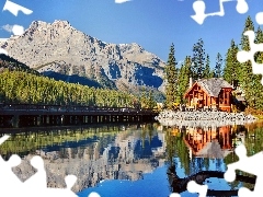 Mountains, Restaurant, lake, woods