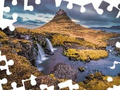 waterfall, lake, iceland, mountains