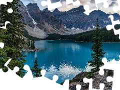 Banff National Park, Lake Moraine, clouds, Mountains, viewes, Province of Alberta, Canada, trees