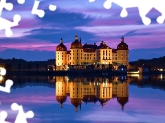 Moritzburg Palace, Saxony, Night, reflection, lake, Germany