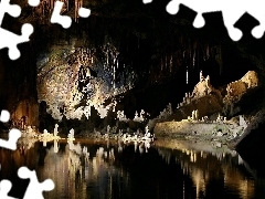 lake, cave, rocks